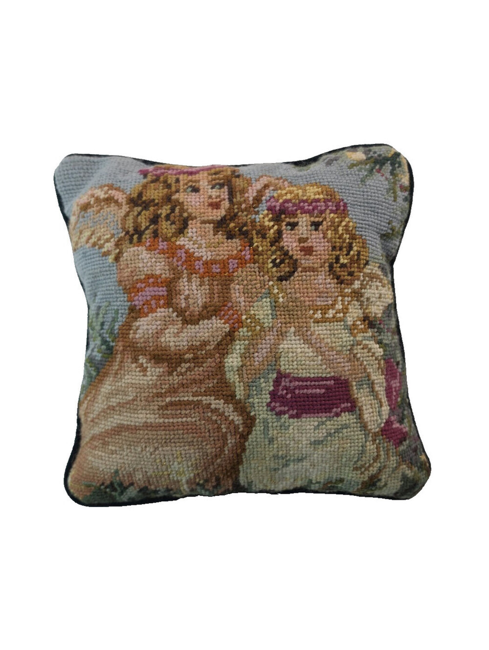 Vintage Needlepoint Christmas Angels Sisters Green Velvet Throw Pillow 9x9
